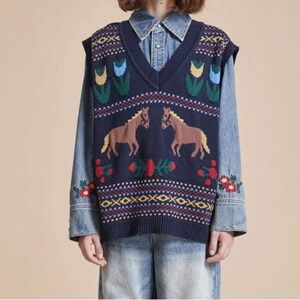 Found x Free People Blue Horse Isle Cotton V-Neck Sweater Vest Distressed Large